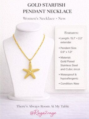 Gold Starfish Pendant Necklace Waterproof Stainless Steel CZ